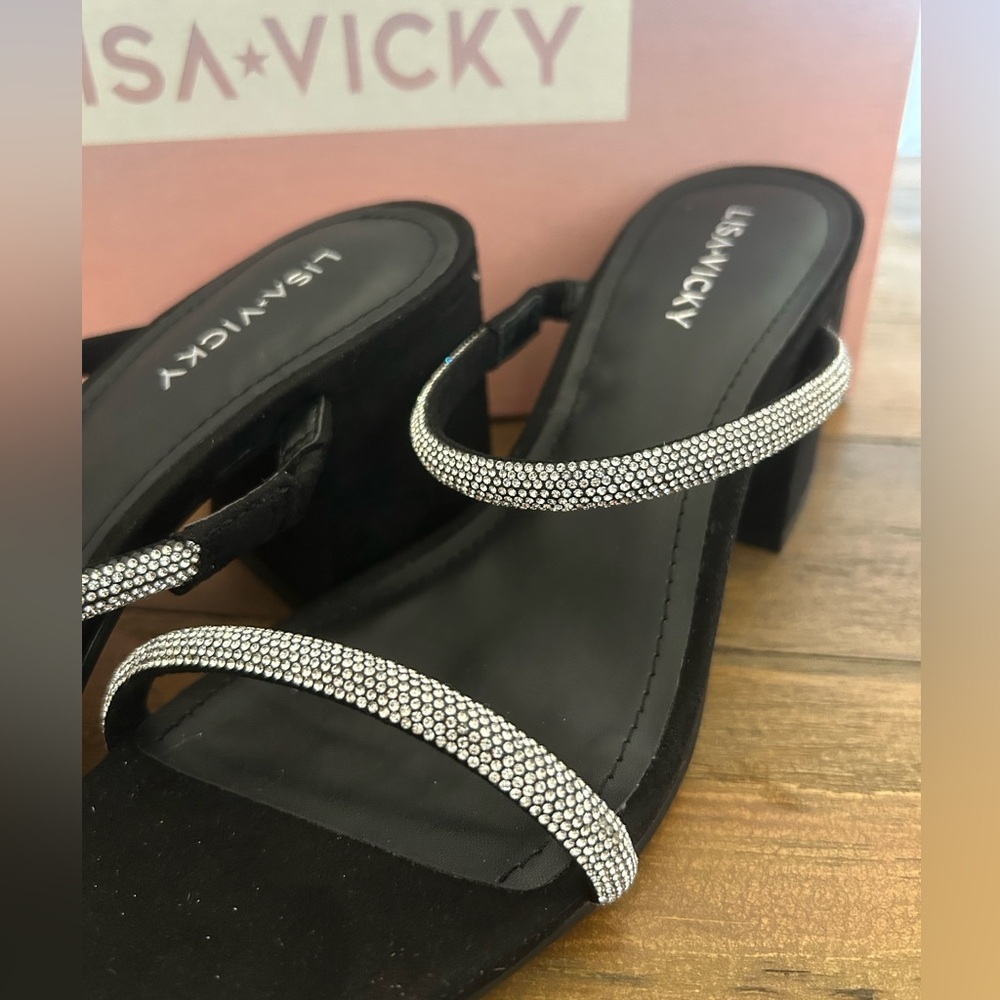 LISA VICKY Mood Pavé Block Heel Slide Black and Rhinestones Women's Sandals - Picture 12 of 16